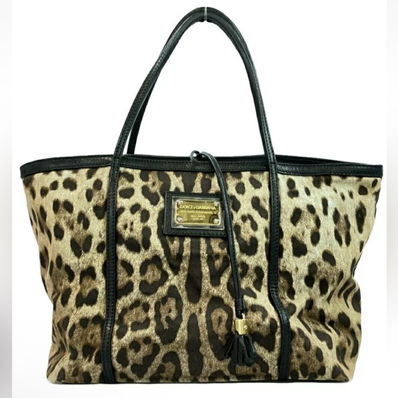 Dolce & Gabbana Handbags - DOLCE & GABBANA Animalier Leopard Print Black Leather Trim Large Tote Bag